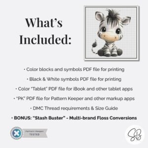 Whimsical Baby Zebra Cross Stitch Pattern, Safari Nursery Decor, Instant Download, PatternKeeper, Floss Conversions