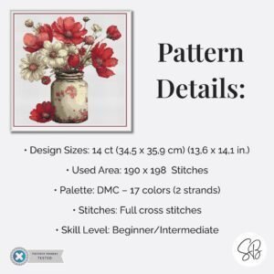 Wildflower Bouquet Cross Stitch Pattern, Floral Jar Embroidery PDF, Partial Coverage, Floss Conversions