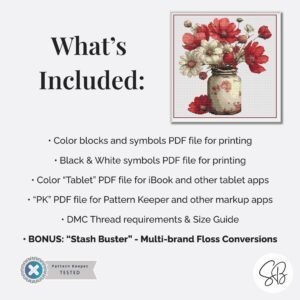 Wildflower Bouquet Cross Stitch Pattern, Floral Jar Embroidery PDF, Partial Coverage, Floss Conversions