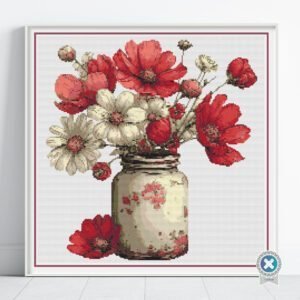 Wildflower Bouquet Cross Stitch Pattern, Floral Jar Embroidery PDF, Partial Coverage, Floss Conversions