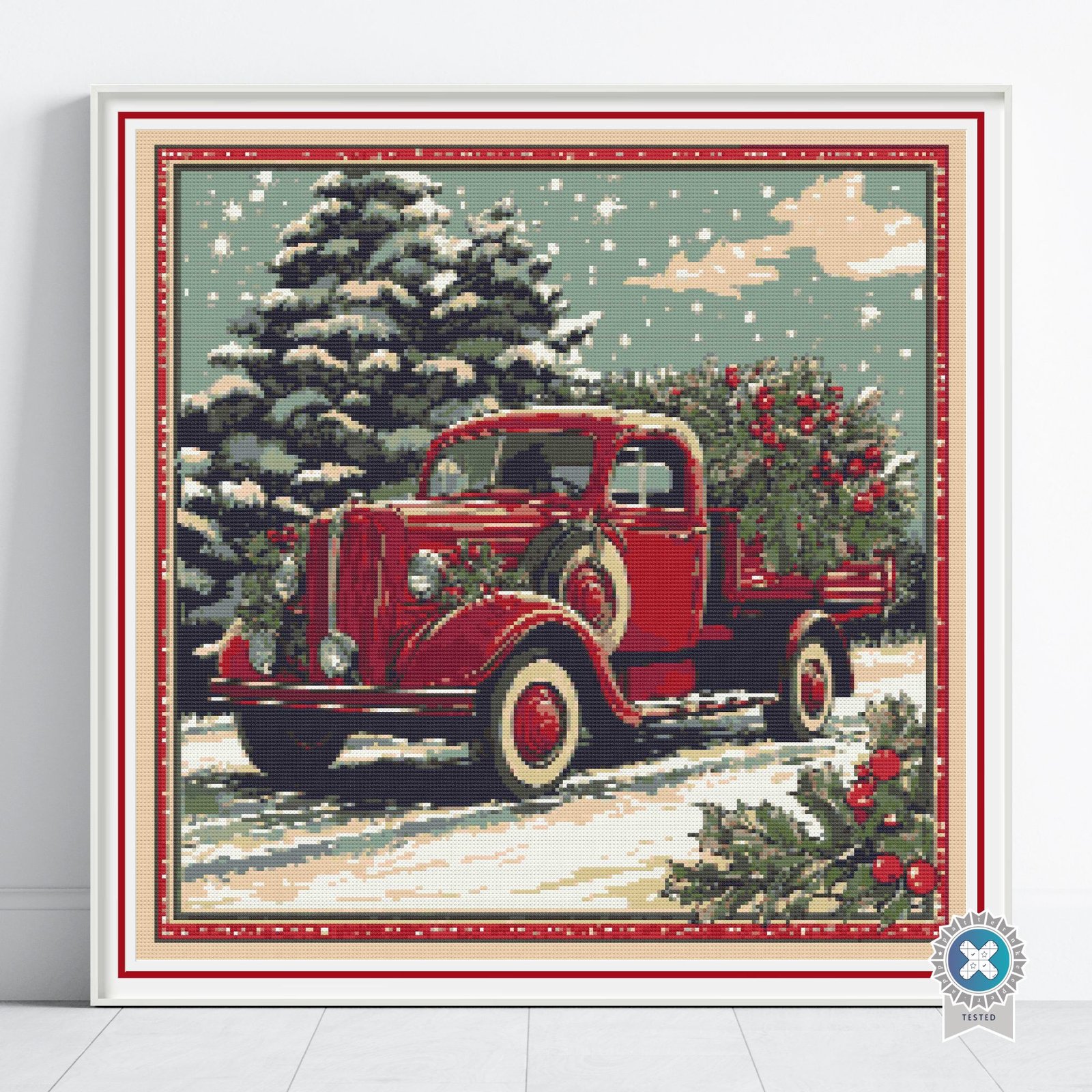 William Morris Christmas Truck Cross Stitch Pattern, Red Truck Holiday Embroidery, Floss Conversions, PatternKeeper