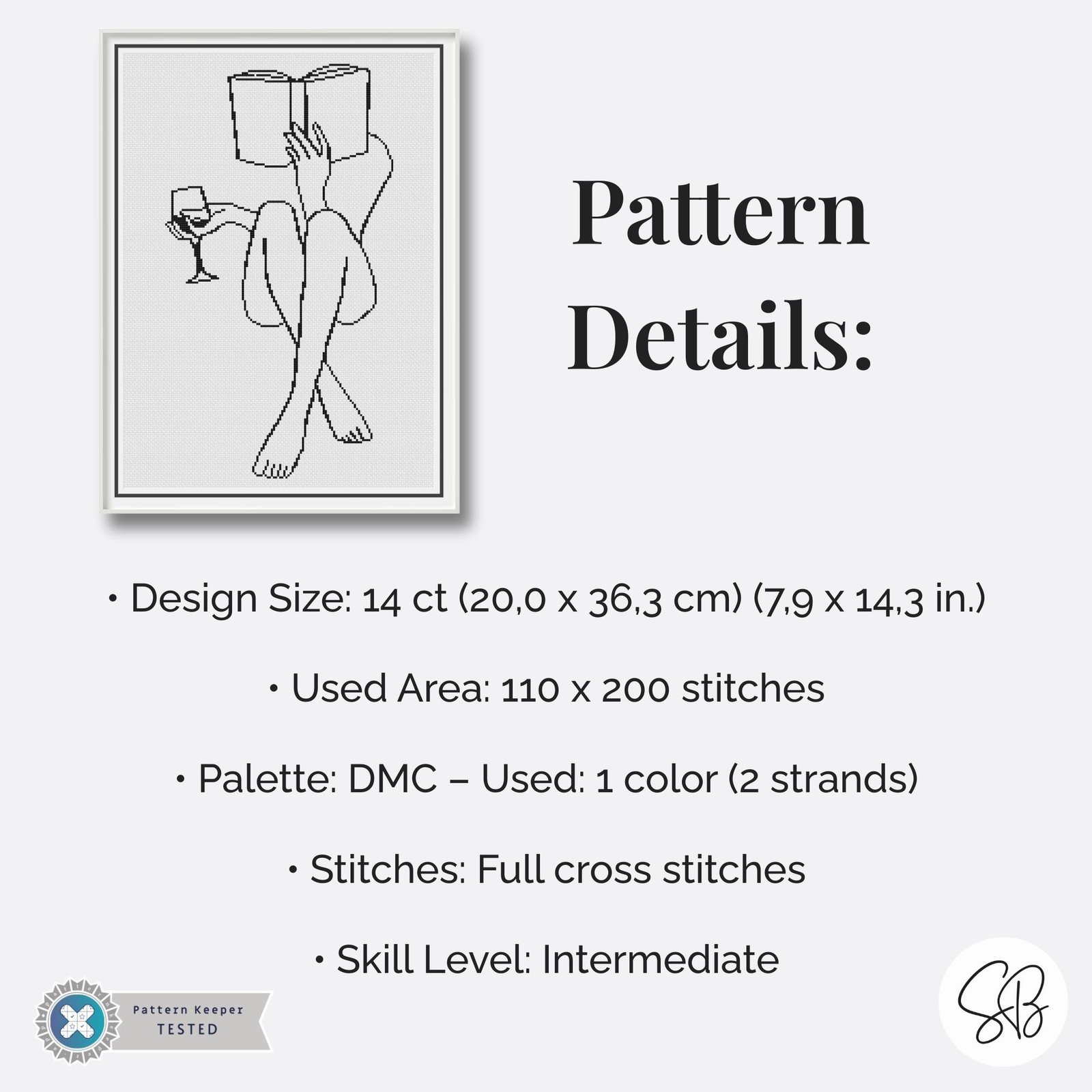 Woman Reading a Book Cross Stitch Pattern, Modern Embroidery Line Art PDF Chart, Instant Download