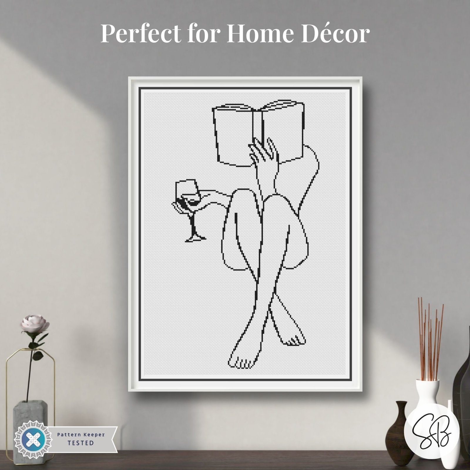 Woman Reading a Book Cross Stitch Pattern, Modern Embroidery Line Art PDF Chart, Instant Download